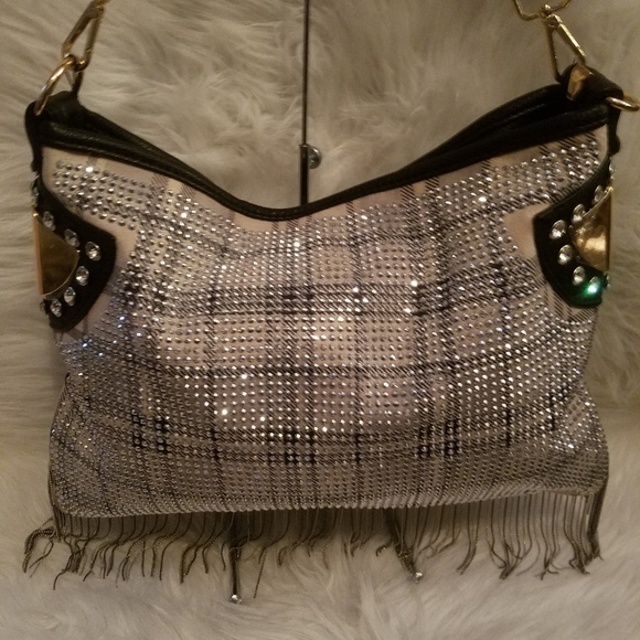 BEIGE AND BLACK SPARKLING FRINGE PLAID PRINT SHOULDER BAG - Picture 3 of 11